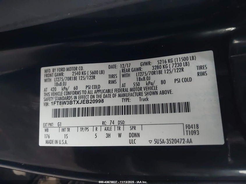 2018 Ford F-350 Xl VIN: 1FT8W3BTXJEB20998 Lot: 43678837