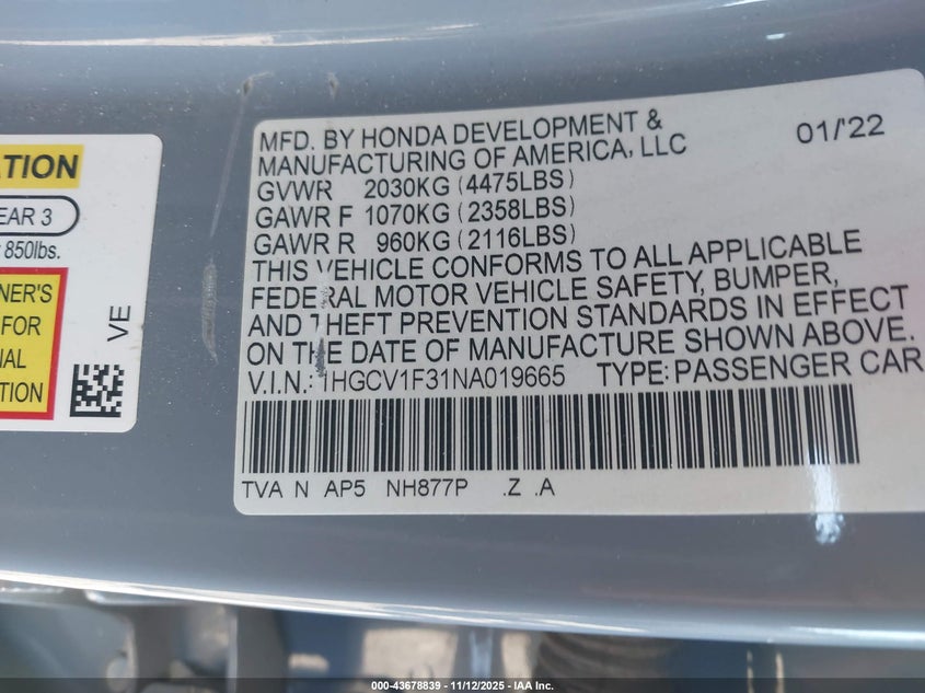 1HGCV1F31NA019665 2022 HONDA ACCORD photo no. 9