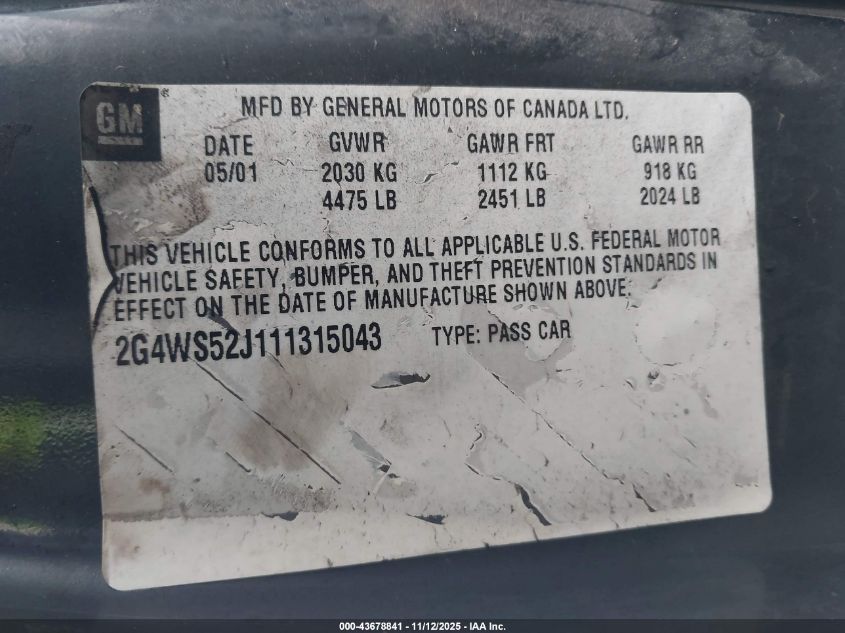 2001 Buick Century Custom VIN: 2G4WS52J111315043 Lot: 43678841