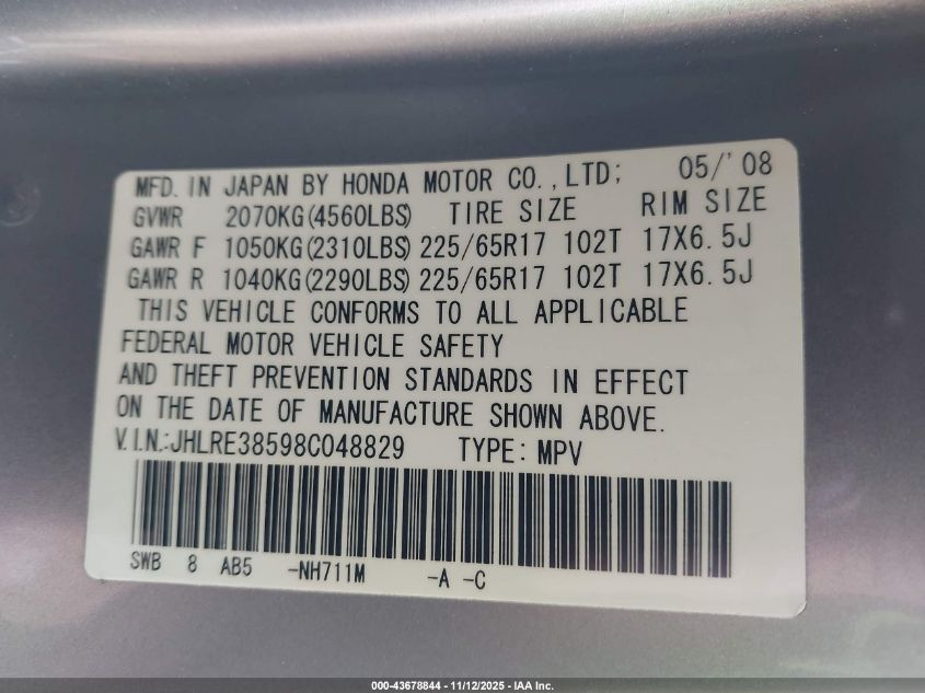 2008 Honda Cr-V Ex VIN: JHLRE38598C048829 Lot: 43678844