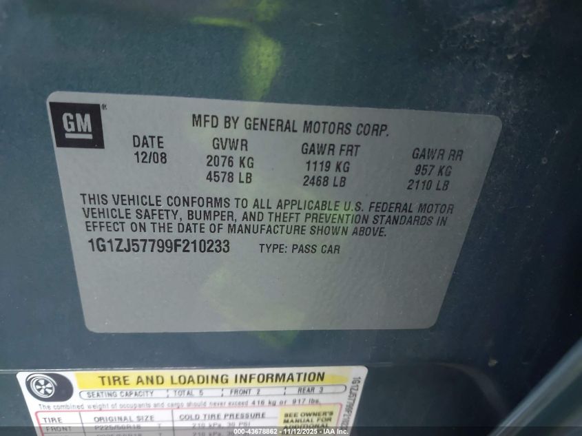 2009 Chevrolet Malibu Lt VIN: 1G1ZJ57799F210233 Lot: 43678862