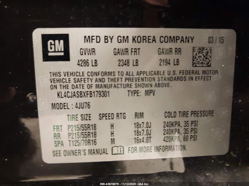 2015 Buick Encore VIN: KL4CJASBXFB179301 Lot: 43678879