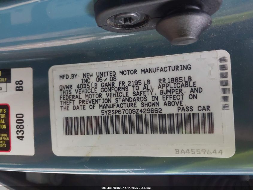 2009 Pontiac Vibe VIN: 5Y2SP67009Z429662 Lot: 43678882