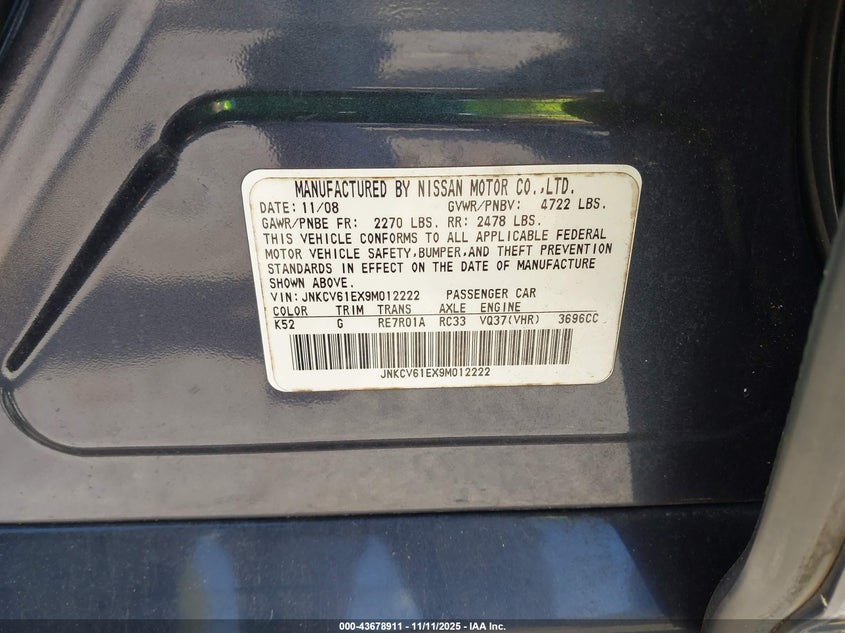 2009 Infiniti G37 Journey VIN: JNKCV61EX9M012222 Lot: 43678911