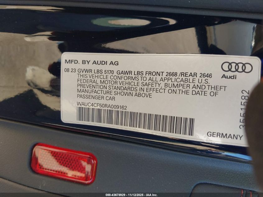 2024 Audi S5 Sportback Premium Plus Tfsi Quattro Tiptronic VIN: WAUC4CF50RA009162 Lot: 43678929