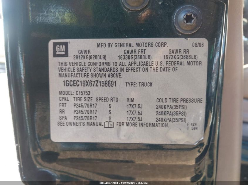 2007 Chevrolet Silverado 1500 Classic Work Truck VIN: 1GCEC19X67Z158691 Lot: 43678931