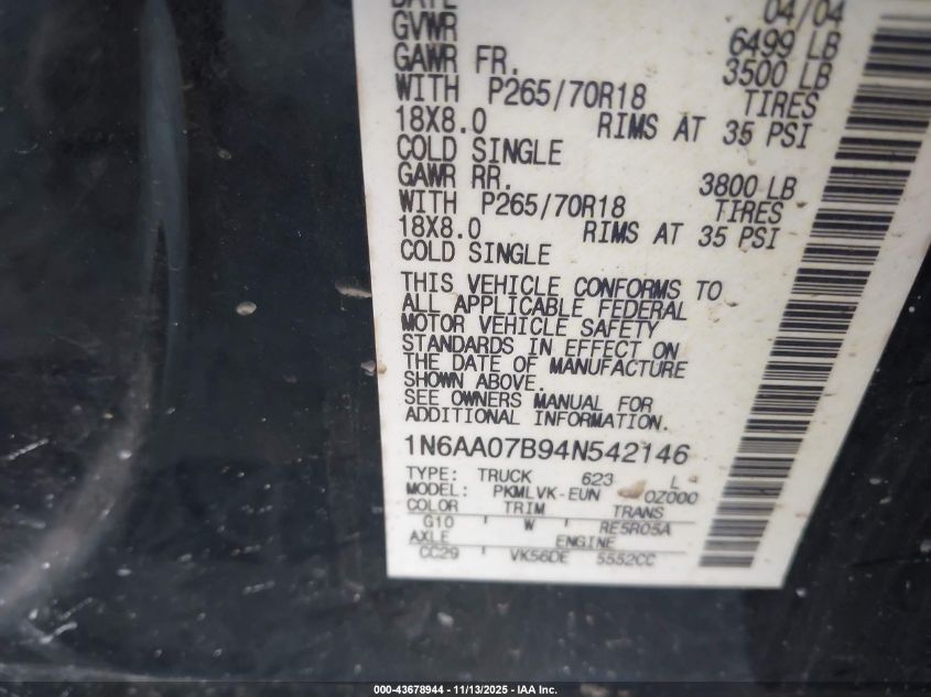 2004 Nissan Titan Le VIN: 1N6AA07B94N542146 Lot: 43678944