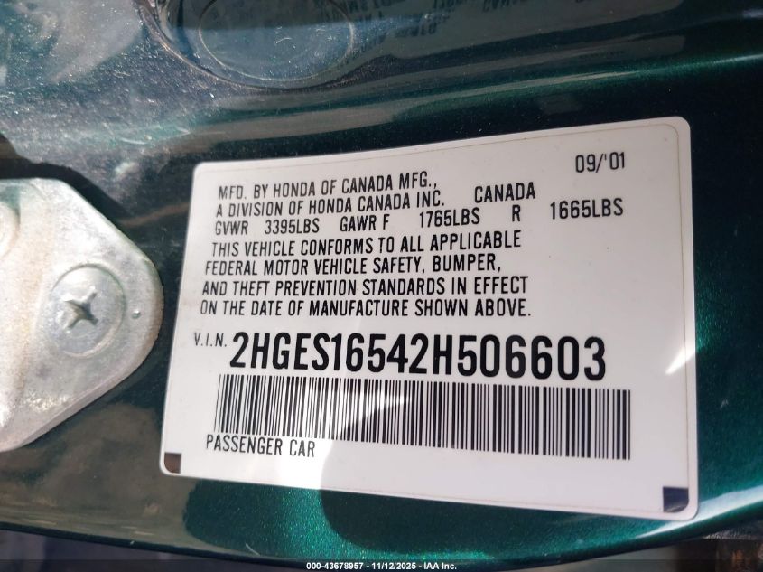 2002 Honda Civic Lx VIN: 2HGES16542H506603 Lot: 43678957