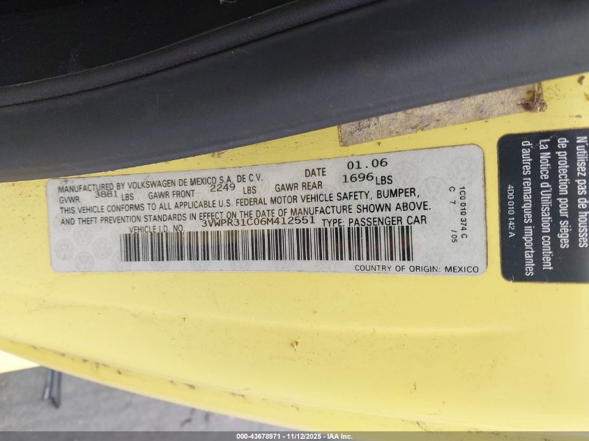 2006 Volkswagen New Beetle Tdi VIN: 3VWPR31C06M412551 Lot: 43678971