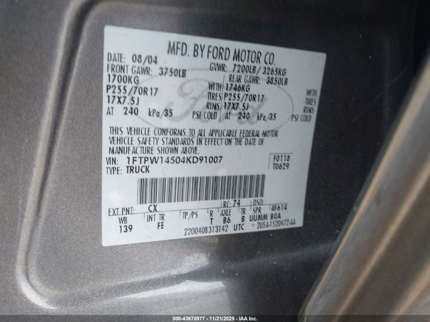 2004 Ford F-150 Fx4/Lariat/Xlt VIN: 1FTPW14504KD91007 Lot: 43678977