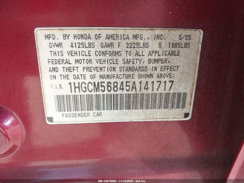 2005 Honda Accord 2.4 Ex VIN: 1HGCM56845A141717 Lot: 43678980
