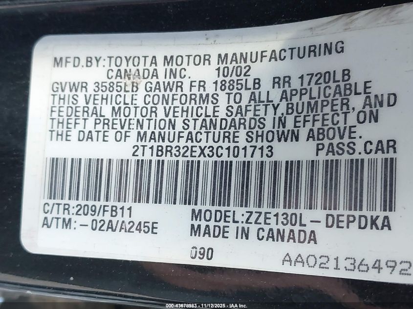 2003 Toyota Corolla Ce VIN: 2T1BR32EX3C101713 Lot: 43678983