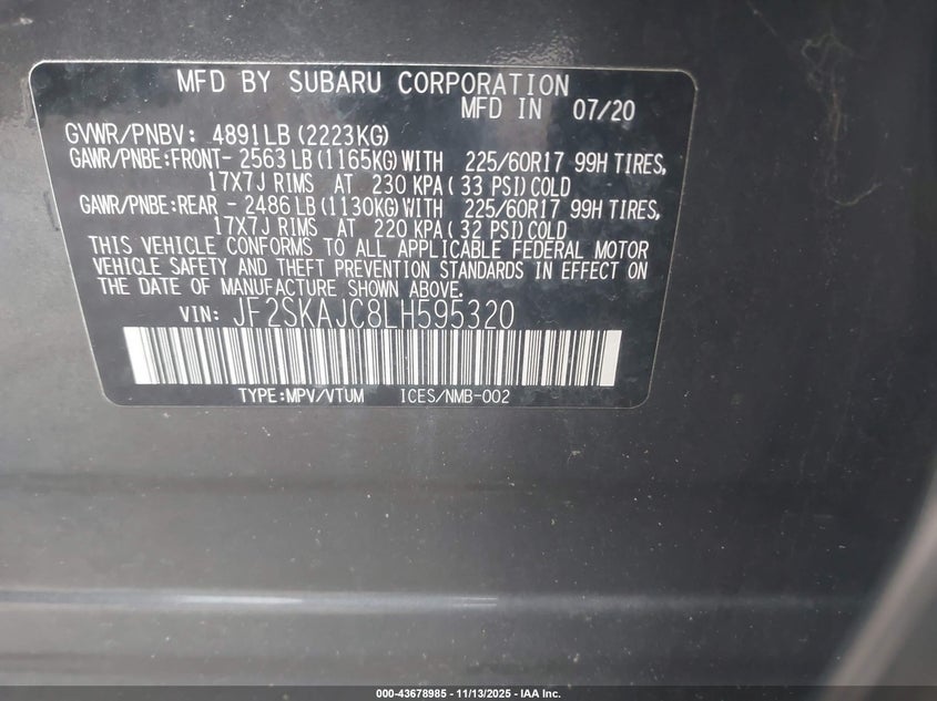 2020 SUBARU FORESTER PREMIUM JF2SKAJC8LH595320