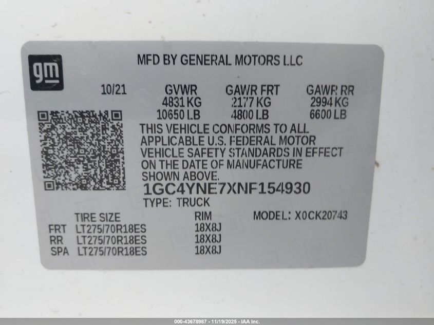 2022 Chevrolet Silverado 2500Hd 4Wd Standard Bed Lt VIN: 1GC4YNE7XNF154930 Lot: 43678987