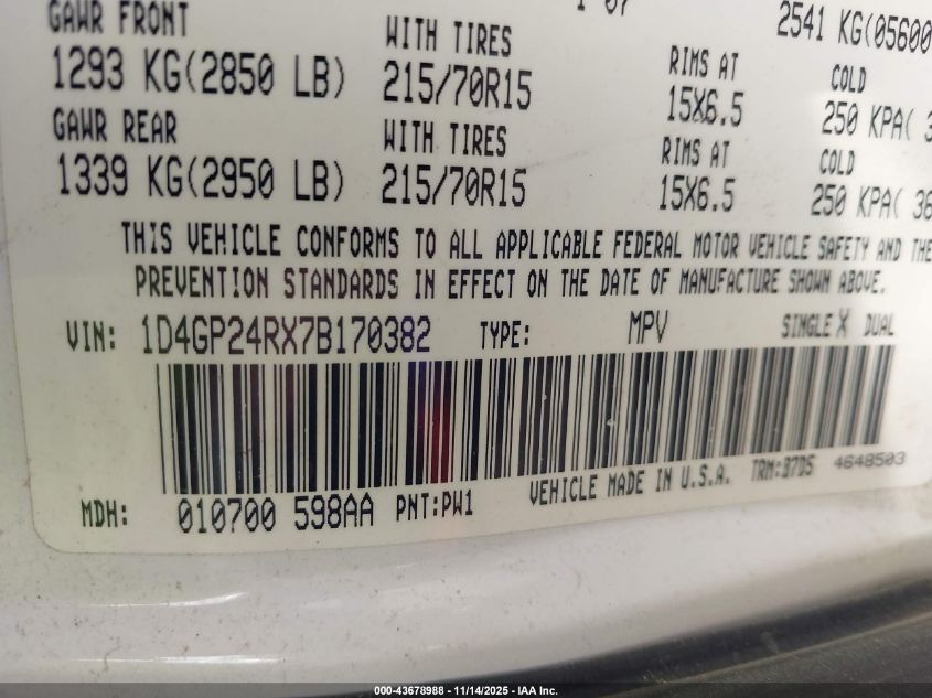 2007 Dodge Grand Caravan Se VIN: 1D4GP24RX7B170382 Lot: 43678988