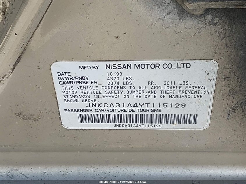 2000 Infiniti I30 Luxury/Touring VIN: JNKCA31A4YT115129 Lot: 43679008