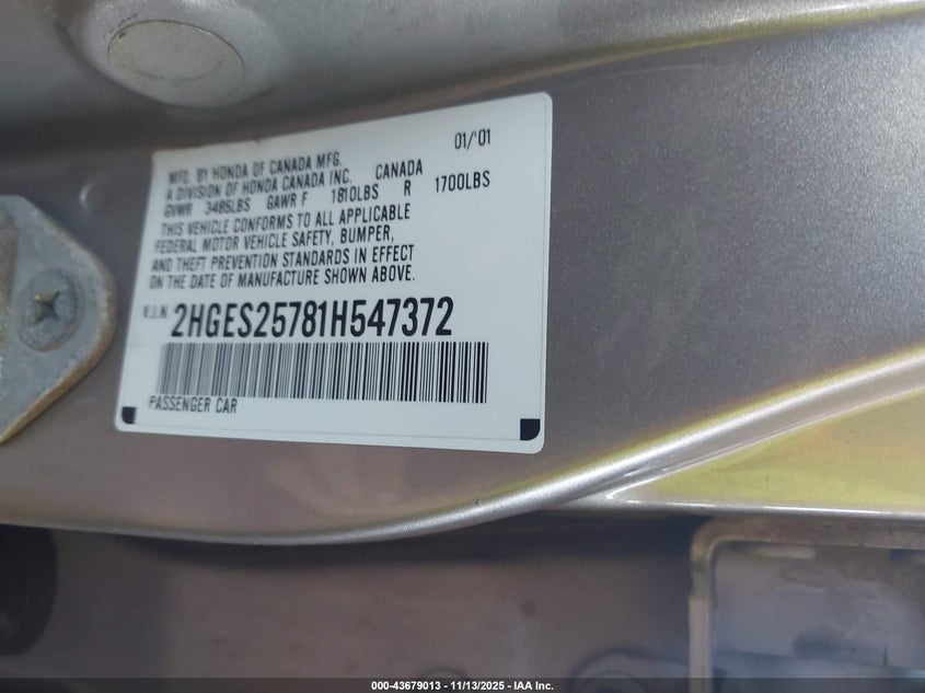 2HGES25781H547372 2001 HONDA CIVIC photo no. 9