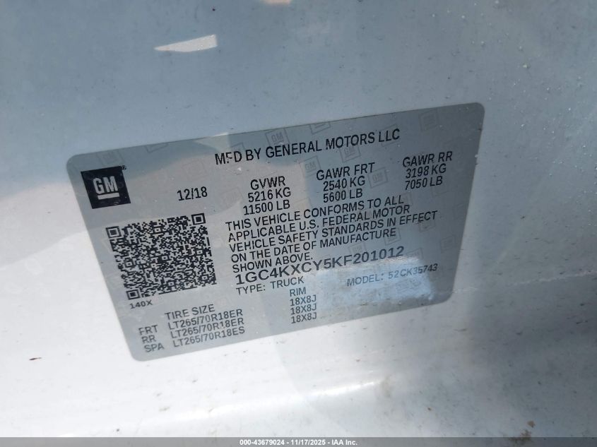 2019 Chevrolet Silverado 3500Hd Ltz VIN: 1GC4KXCY5KF201012 Lot: 43679024