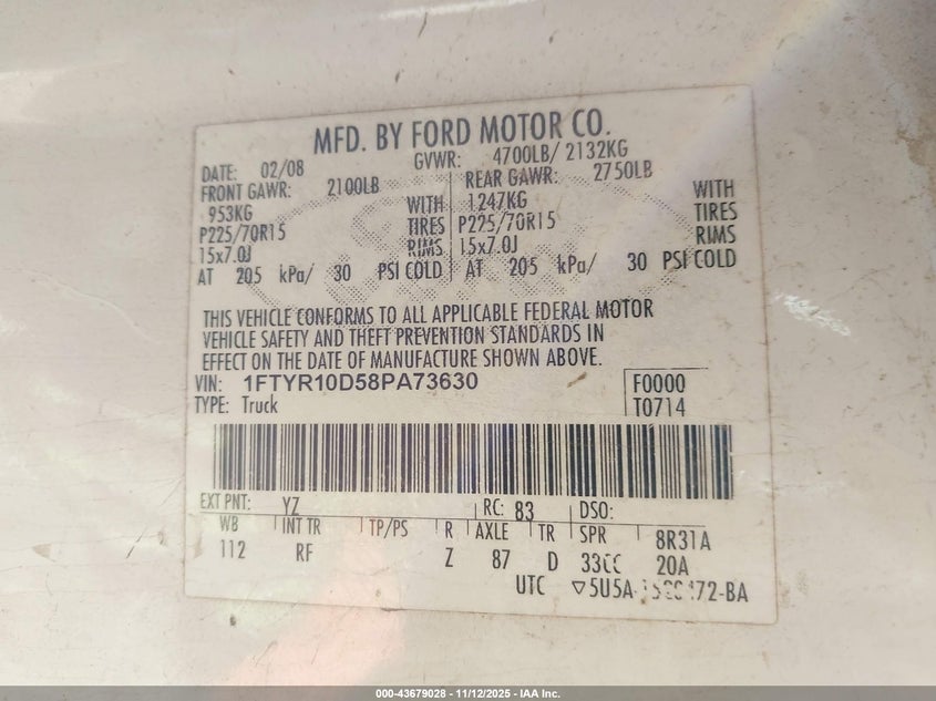 2008 Ford Ranger Xl/Xlt VIN: 1FTYR10D58PA73630 Lot: 43679028