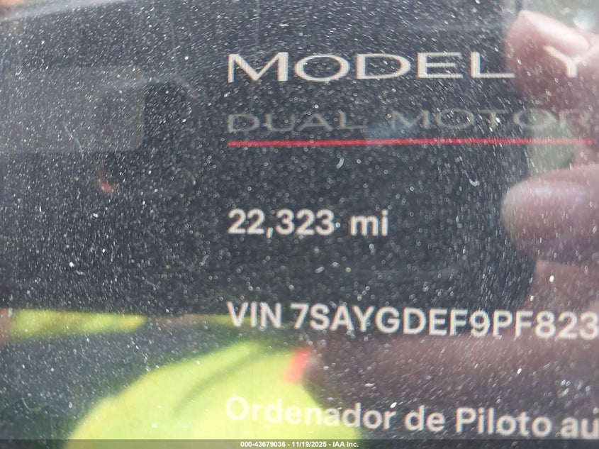2023 Tesla Model Y Performance Dual Motor All-Wheel Drive VIN: 7SAYGDEF9PF823074 Lot: 43679036