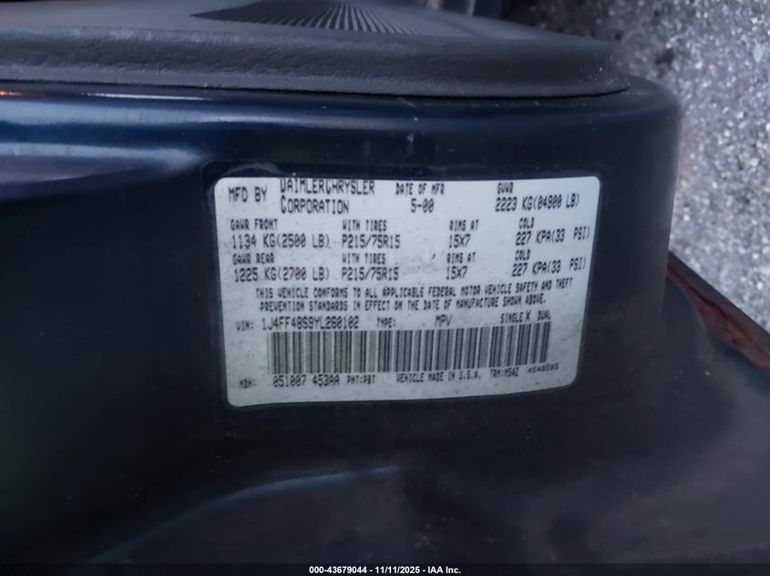 2000 Jeep Cherokee Sport VIN: 1J4FF48S9YL260102 Lot: 43679044