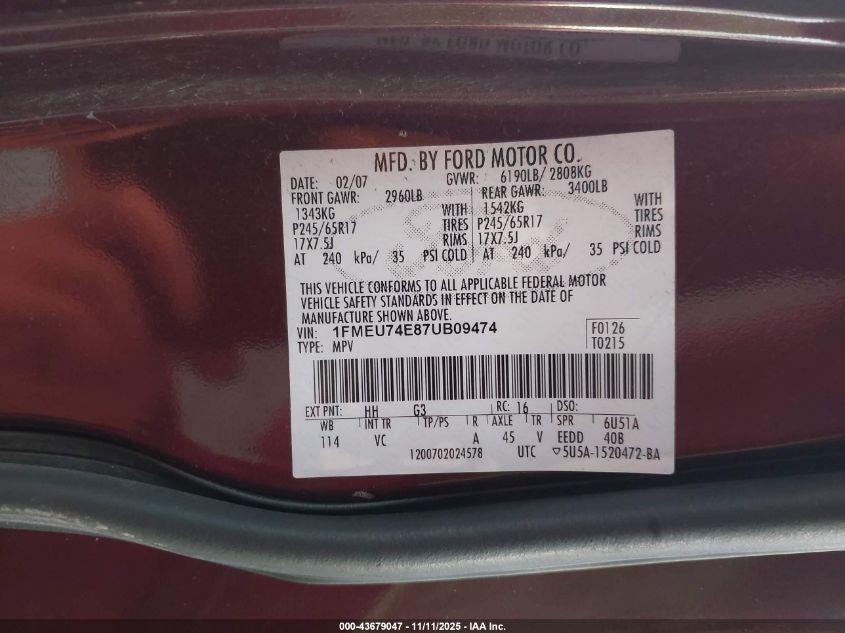 2007 Ford Explorer Eddie Bauer VIN: 1FMEU74E87UB09474 Lot: 43679047
