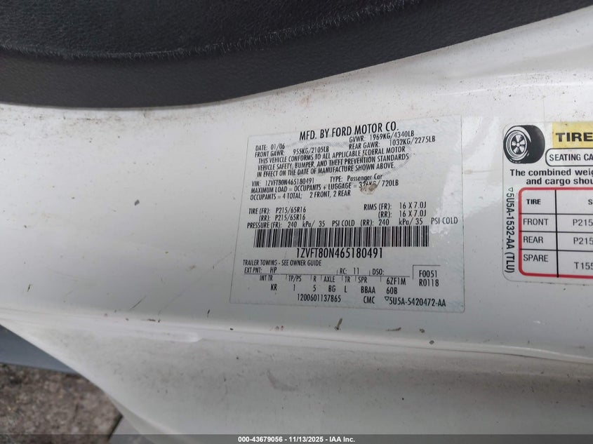 2006 Ford Mustang V6 VIN: 1ZVFT80N465180491 Lot: 43679056