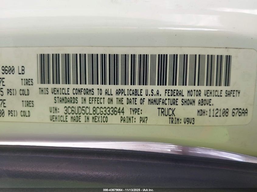 2012 Ram 2500 St VIN: 3C6UD5CL8CG333644 Lot: 43679064