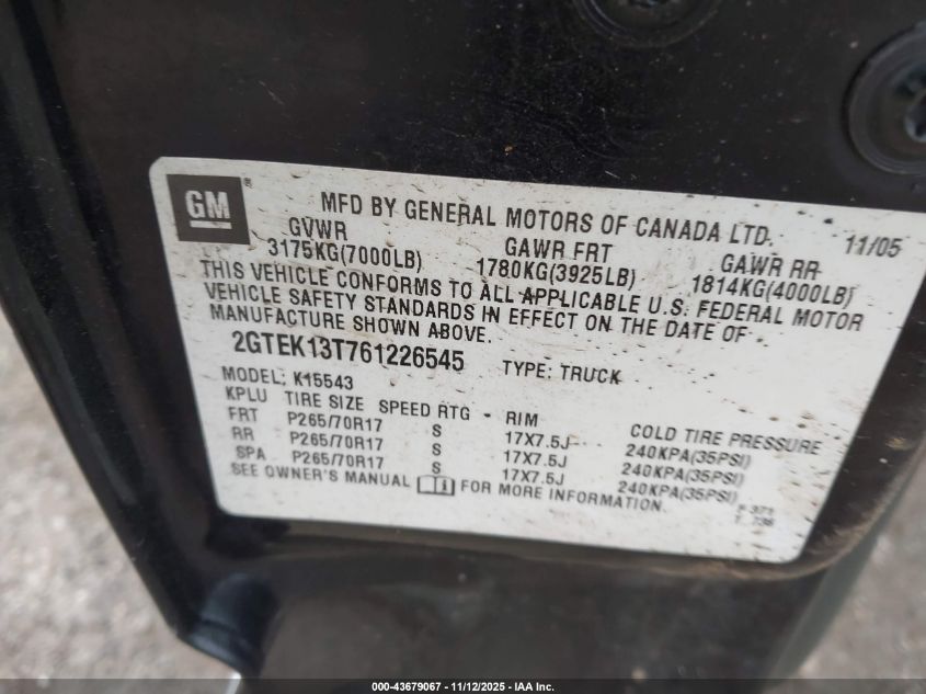 2006 GMC Sierra 1500 Sle1 VIN: 2GTEK13T761226545 Lot: 43679067