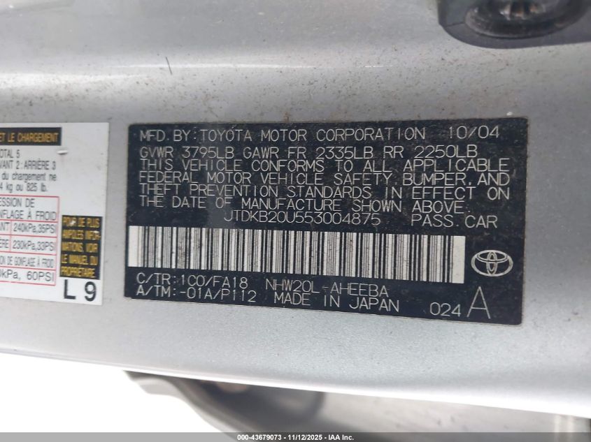 2005 Toyota Prius VIN: JTDKB20U553004875 Lot: 43679073