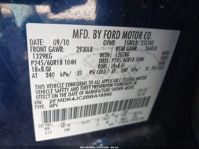 2011 Ford Edge Sel VIN: 2FMDK4JC2BBA18590 Lot: 43679088