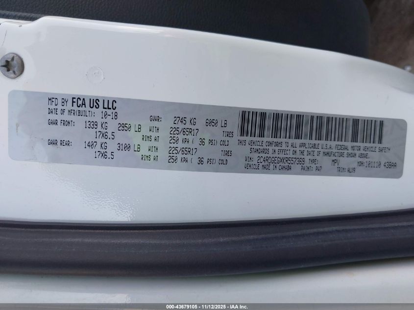 2019 Dodge Grand Caravan Gt VIN: 2C4RDGEGXKR557369 Lot: 43679105