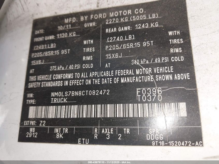 2012 Ford Transit Connect Xlt VIN: NM0LS7BN8CT082472 Lot: 43679110