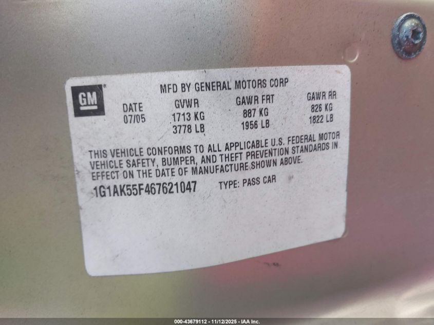 2006 Chevrolet Cobalt Ls VIN: 1G1AK55F467621047 Lot: 43679112