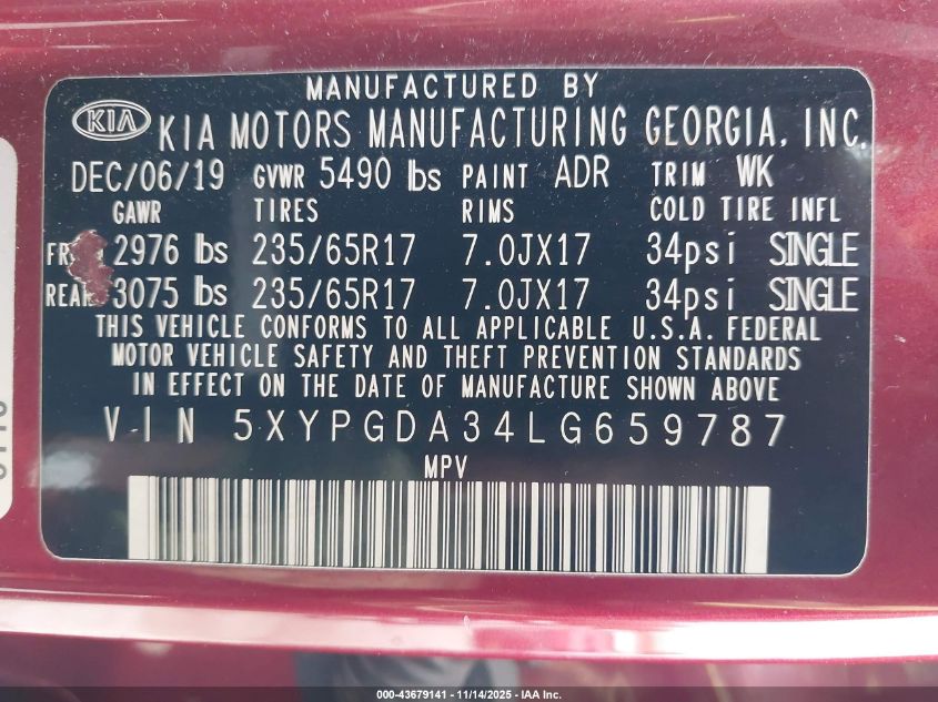2020 Kia Sorento 2.4L Lx VIN: 5XYPGDA34LG659787 Lot: 43679141