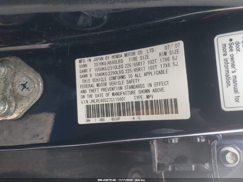 2007 Honda Cr-V Ex VIN: JHLRE48527C115601 Lot: 43679146