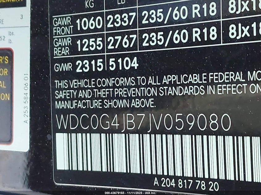 2018 Mercedes-Benz Glc 300 VIN: WDC0G4JB7JV059080 Lot: 43679165