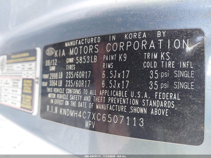 2012 Kia Sedona Ex VIN: KNDMH4C7XC6507113 Lot: 43679172