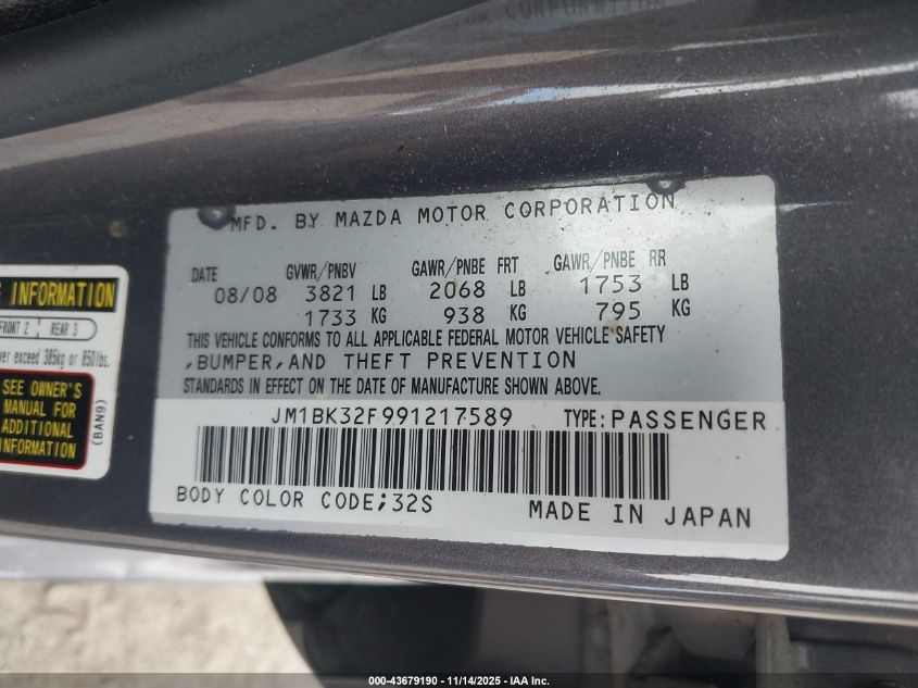 2009 Mazda Mazda3 I VIN: JM1BK32F991217589 Lot: 43679190