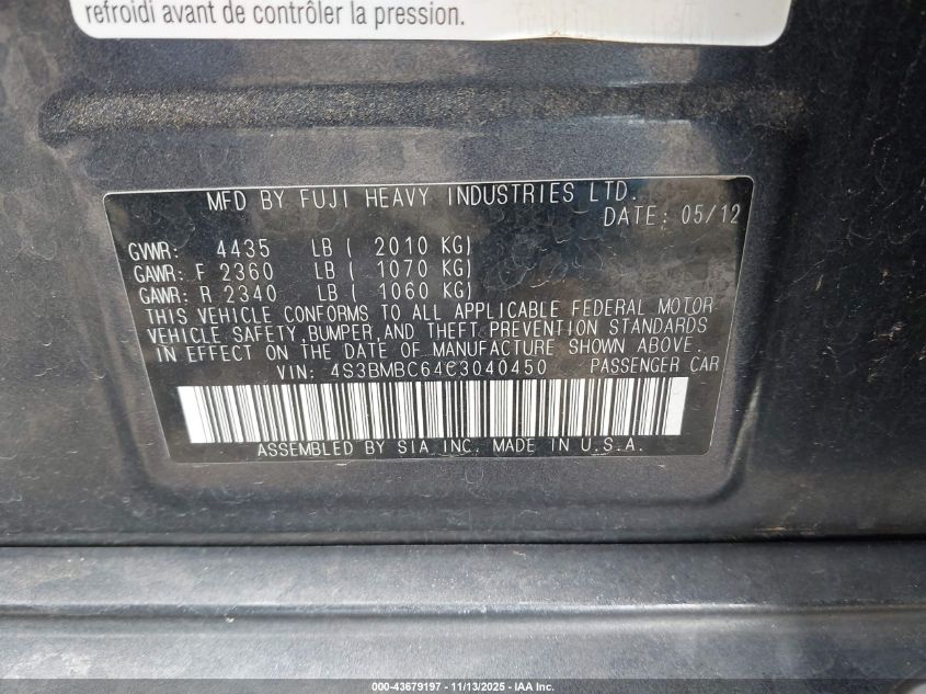 2012 Subaru Legacy 2.5I Premium VIN: 4S3BMBC64C3040450 Lot: 43679197