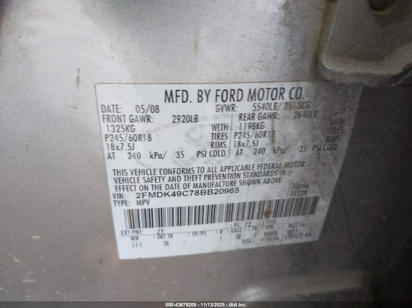 2008 Ford Edge Limited VIN: 2FMDK49C78BB20965 Lot: 43679208