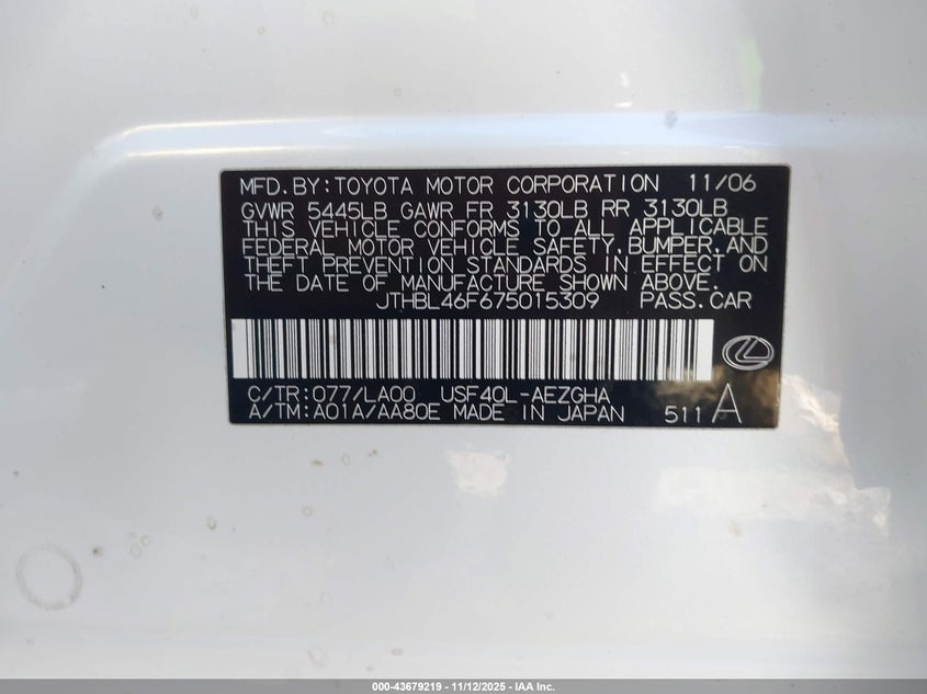 2007 Lexus Ls 460 VIN: JTHBL46F675015309 Lot: 43679219