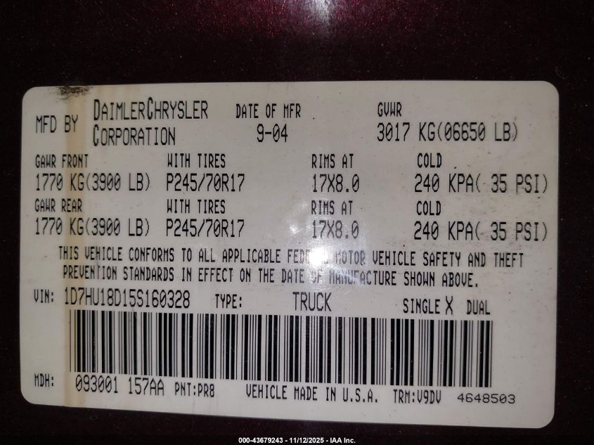 2005 Dodge Ram 1500 Slt/Laramie VIN: 1D7HU18D15S160328 Lot: 43679243