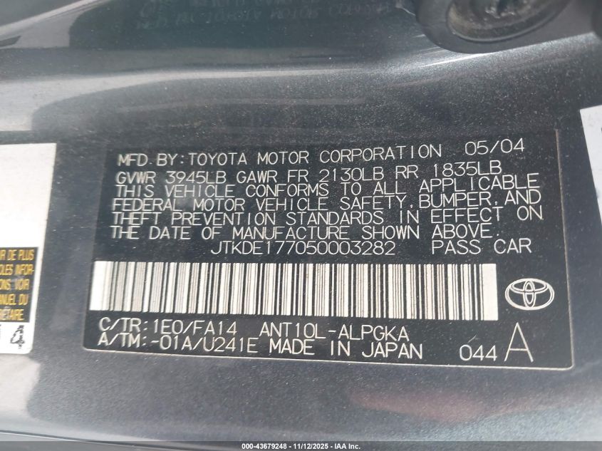 2005 Scion Tc VIN: JTKDE177050003282 Lot: 43679248