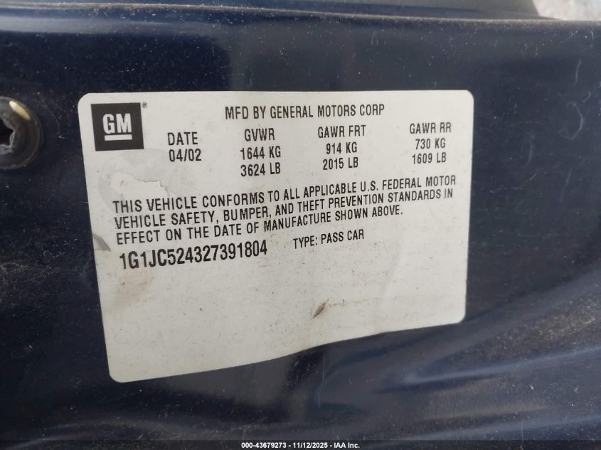 2002 Chevrolet Cavalier VIN: 1G1JC524327391804 Lot: 43679273