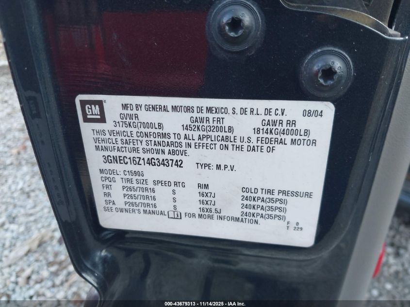 2004 Chevrolet Suburban 1500 Ls VIN: 3GNEC16Z14G343742 Lot: 43679313
