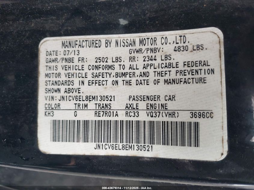 2014 Infiniti Q60 VIN: JN1CV6EL8EM130521 Lot: 43679314