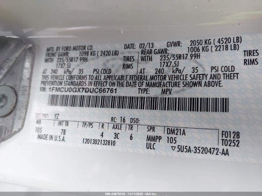 2013 Ford Escape Se VIN: 1FMCU0GX7DUC66761 Lot: 43679316