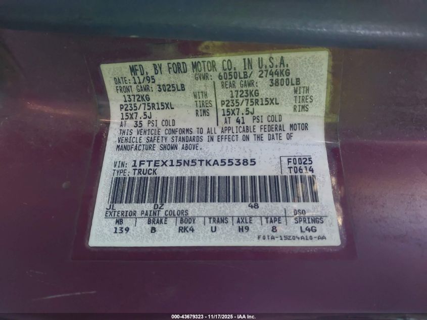 1996 Ford F150 VIN: 1FTEX15N5TKA55385 Lot: 43679323