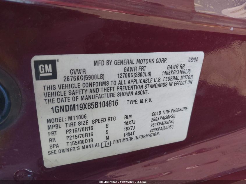 2005 Chevrolet Astro VIN: 1GNDM19X85B104816 Lot: 43679347